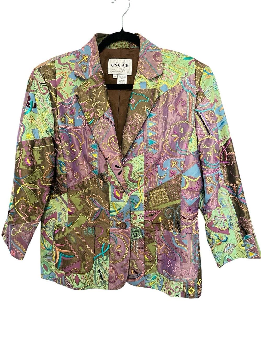 Oscar de la Renta Vintage 80s 90s Silk Embroidered Patchwork Sport Jacket Sz 12